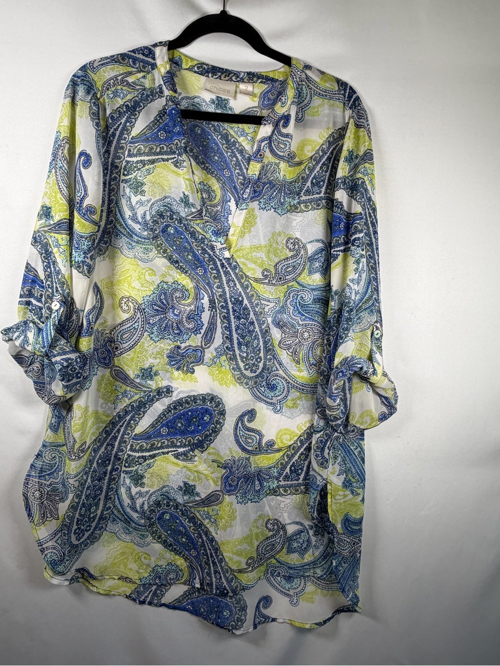 Chico’s Paisley Blue Green White Roll-Tab Sleeve Tunic Blouse Size 2